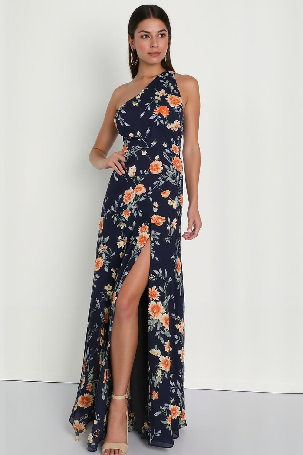 Modecrush Floral Navy Chiffon One-Shoulder A-Line Dress with Side Slit