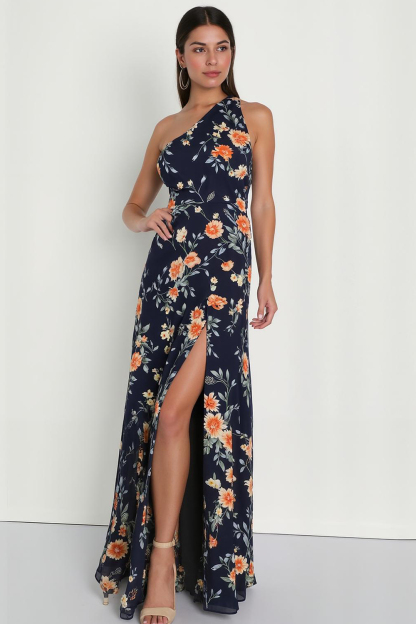 Modecrush Floral Navy Chiffon One-Shoulder A-Line Dress with Side Slit