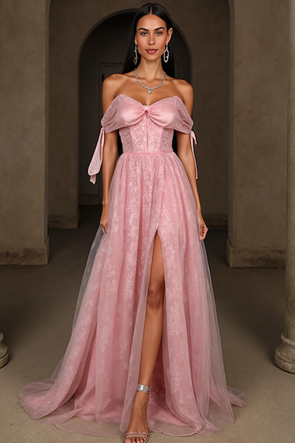 Modecrush Jacquard Light Pink Wedding Guest Dress