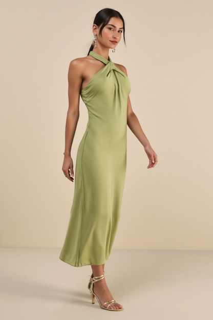 Modecrush Grass Green Satin Cowl Neck A-Line Long Formal & Vacation Dress