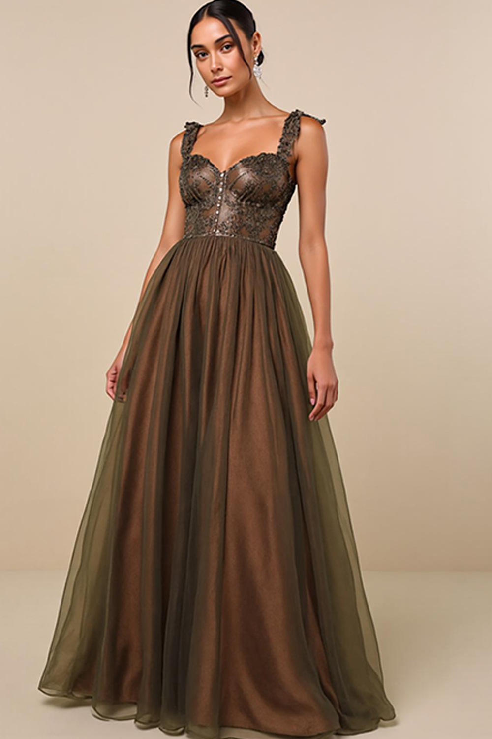 Modecrush Maroon Lace & Tulle V-Neck Long Evening Gorset Dress