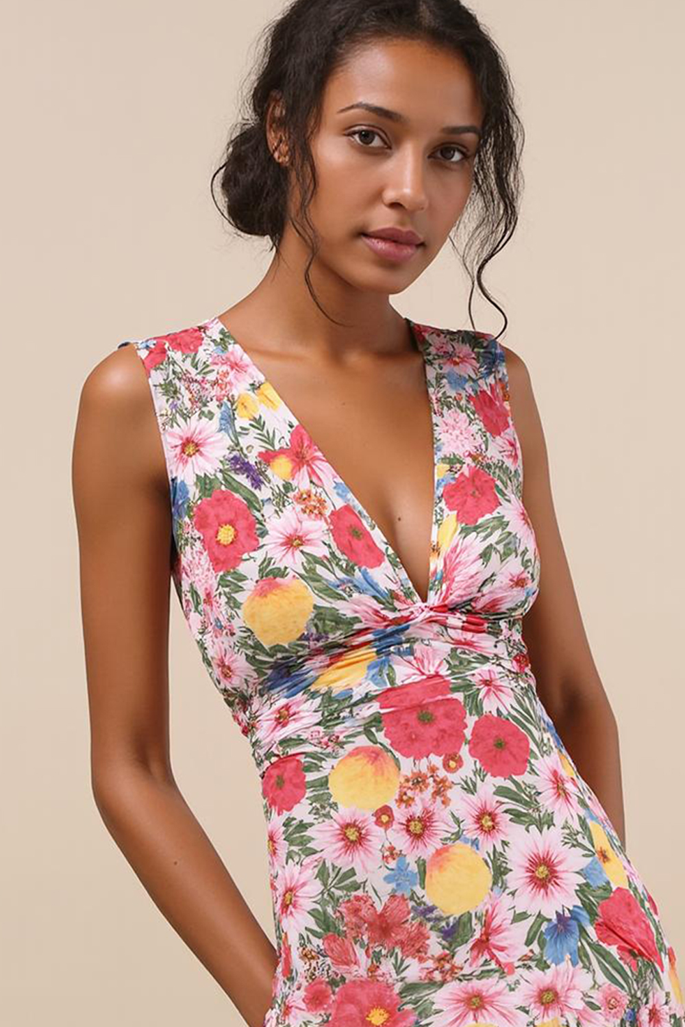 Modecrush Pink Floral Chiffon V-Neck A-Line Long Formal & Vacation Dress