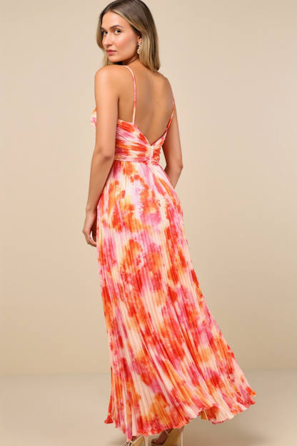 Modecrush Orange Pleated Satin V-Neck Long Formal & Vacation Dress