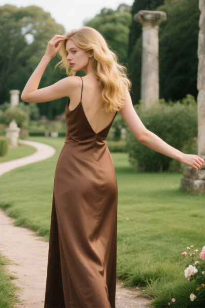 Modecrush Brown Satin V-Neck A-Line Long Formal & Vacation Dress