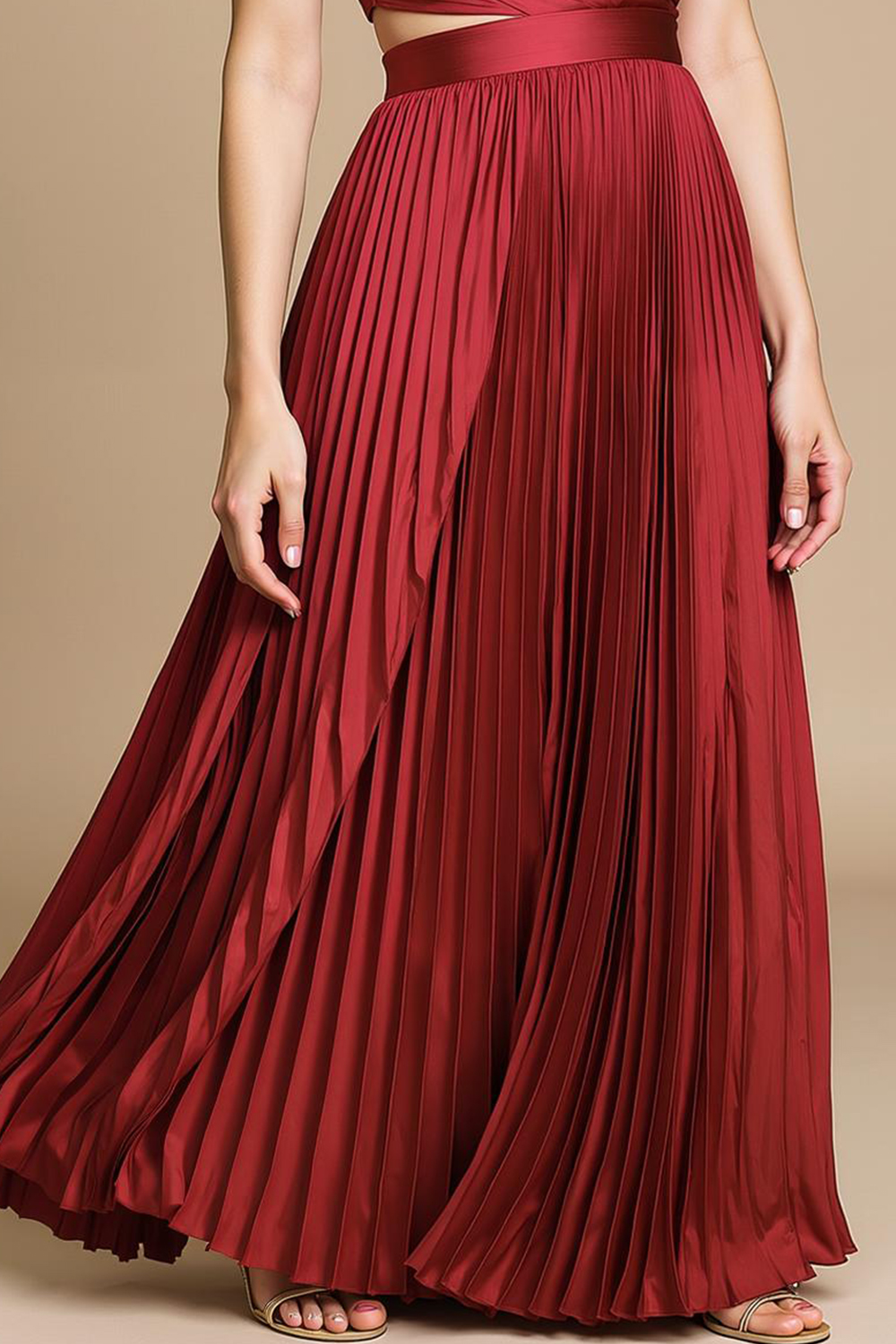 Modecrush Red Satin V-Neck A-Line Long Dress with Pleats