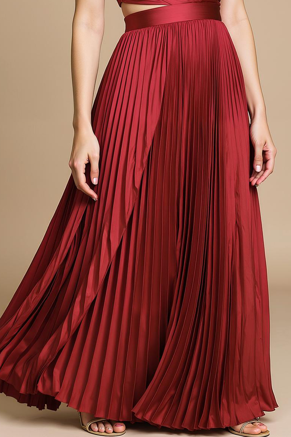 Modecrush Red Satin V-Neck A-Line Long Dress with Pleats