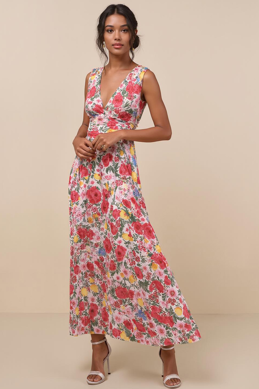 Modecrush Pink Floral Chiffon V-Neck A-Line Long Formal & Vacation Dress