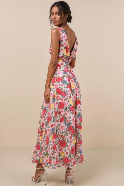Modecrush Pink Floral Chiffon V-Neck A-Line Long Formal & Vacation Dress