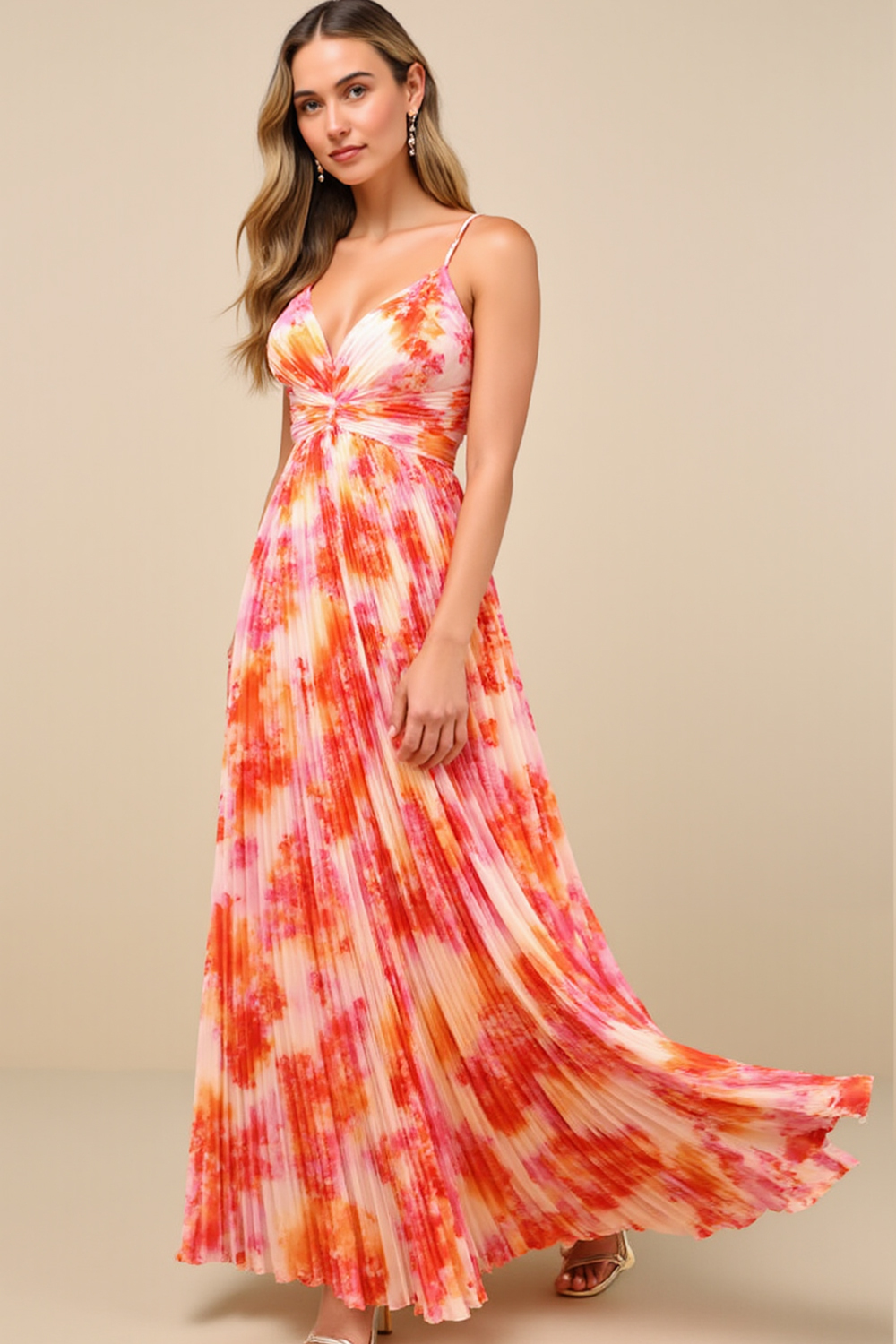 Modecrush Orange Pleated Satin V-Neck Long Formal & Vacation Dress