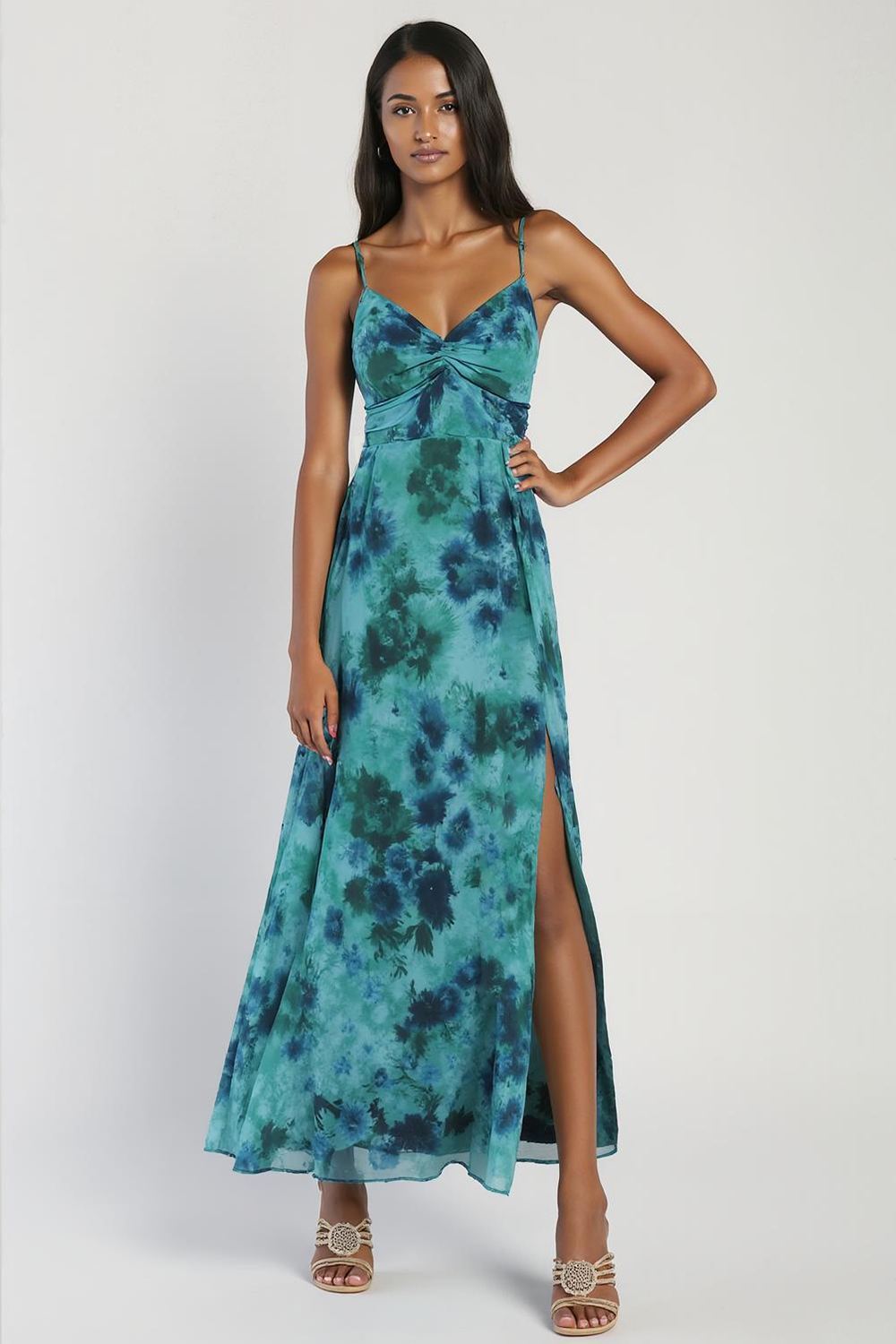 Modecrush Floral Peacock Green Chiffon V-Neck A-Line Dress with Pleats