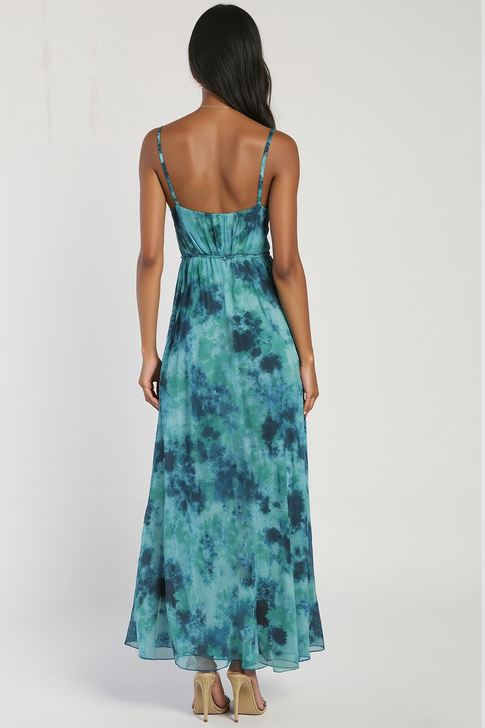 Modecrush Floral Peacock Green Chiffon V-Neck A-Line Dress with Pleats
