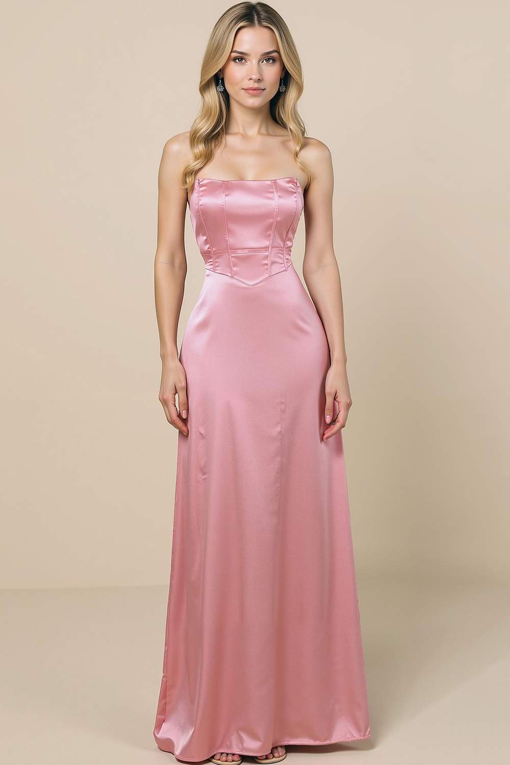 Modecrush Light Pink Satin Strapless Corset A-Line Dress with Backless Design