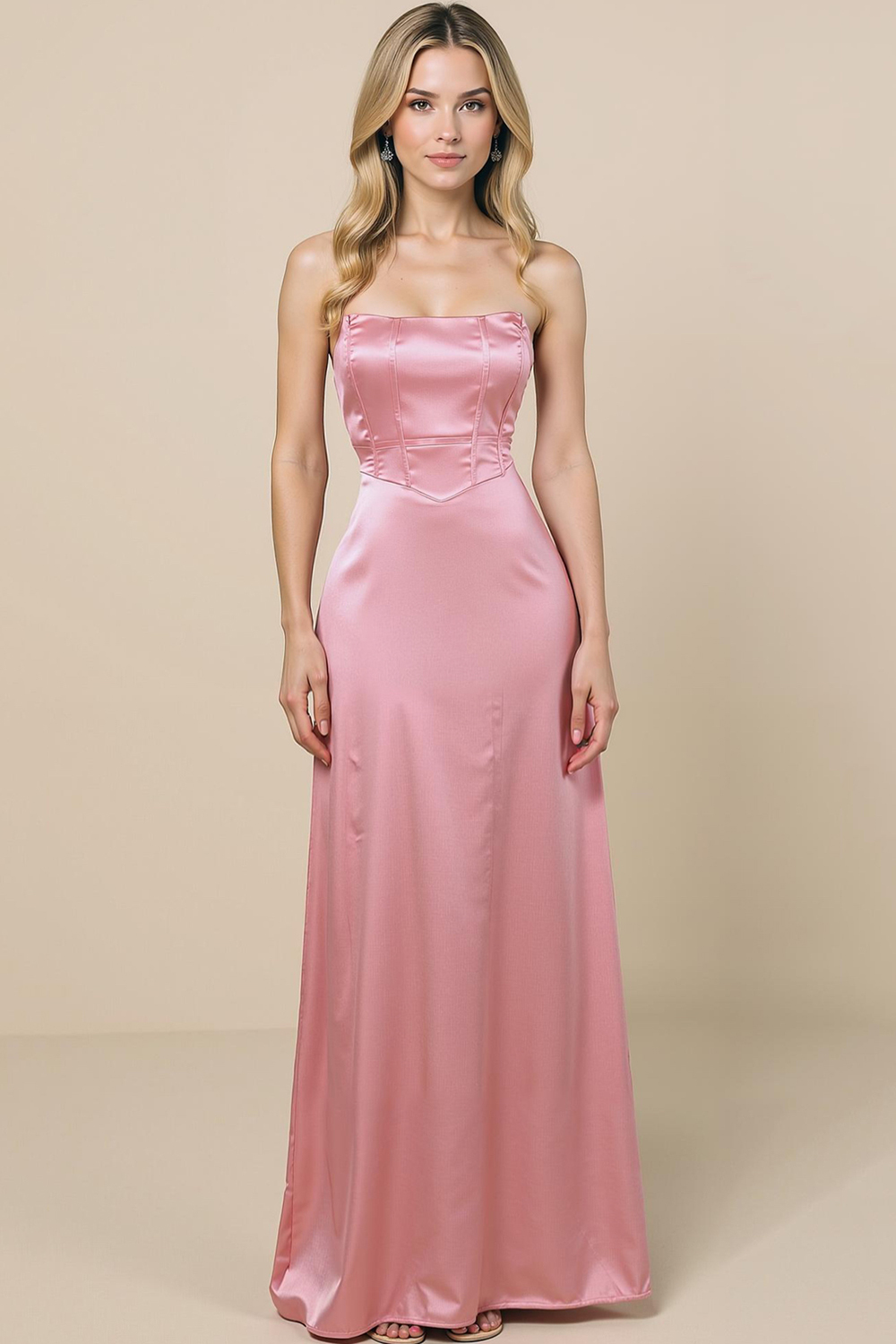 Modecrush Light Pink Satin Strapless Corset A-Line Dress with Backless Design
