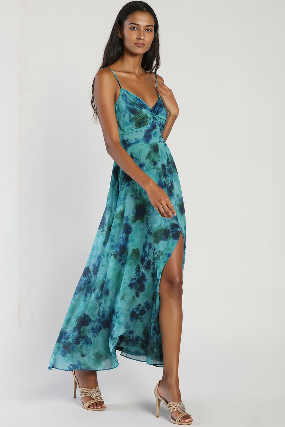 Modecrush Floral Peacock Green Chiffon V-Neck A-Line Dress with Pleats