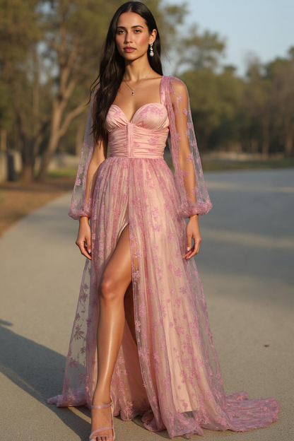 Modecrush Fitted English Rose Chiffon Sweetheart Embroidered A-Line Dr