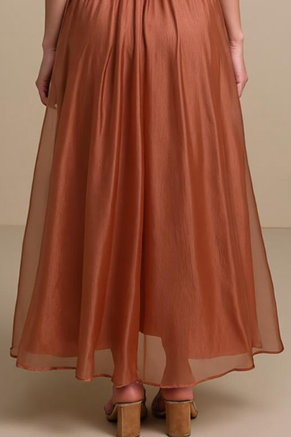 Modecrush Simple Maroon Chiffon Square Neck A‑Line Dress with Pleats