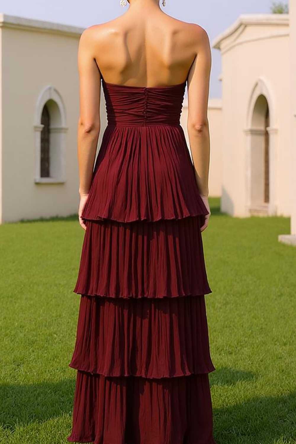 Modecrush Dark Red Tiered Chiffon Strapless A-Line Long Dress with Pleats