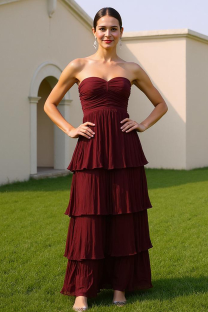 Modecrush Dark Red Tiered Chiffon Strapless A-Line Long Dress with Pleats