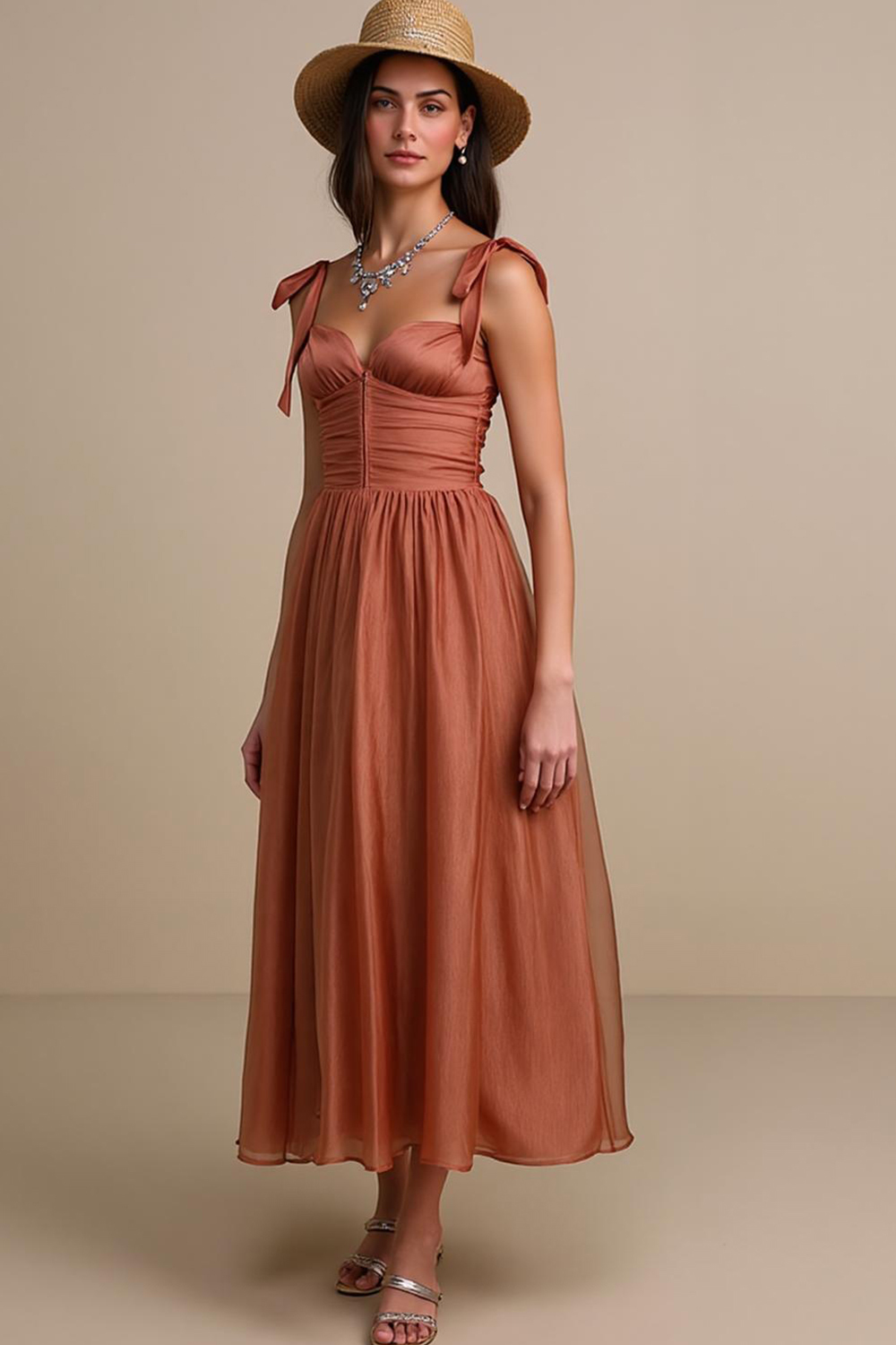 Modecrush Simple Maroon Chiffon Square Neck A‑Line Dress with Pleats