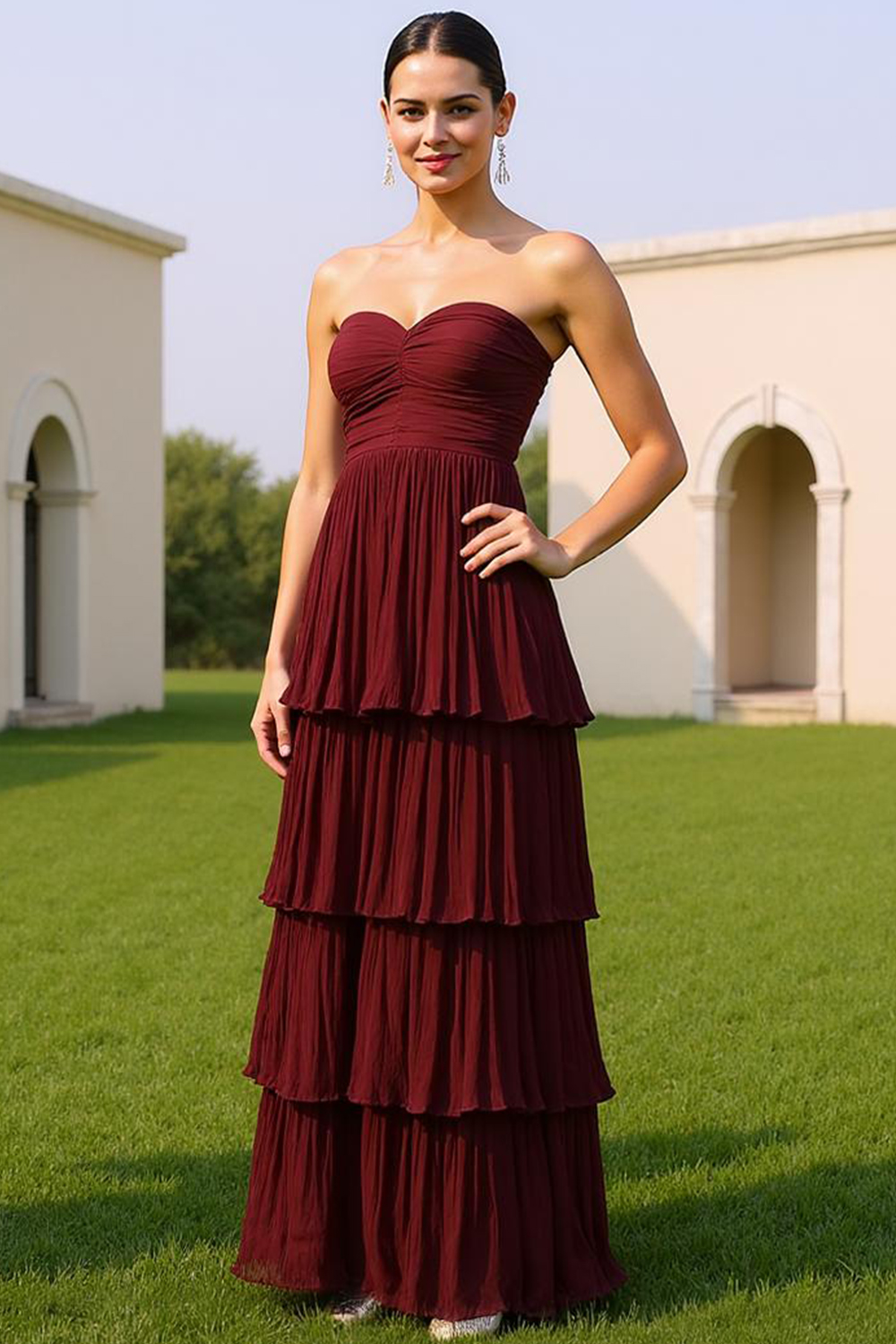 Modecrush Dark Red Tiered Chiffon Strapless A-Line Long Dress with Pleats