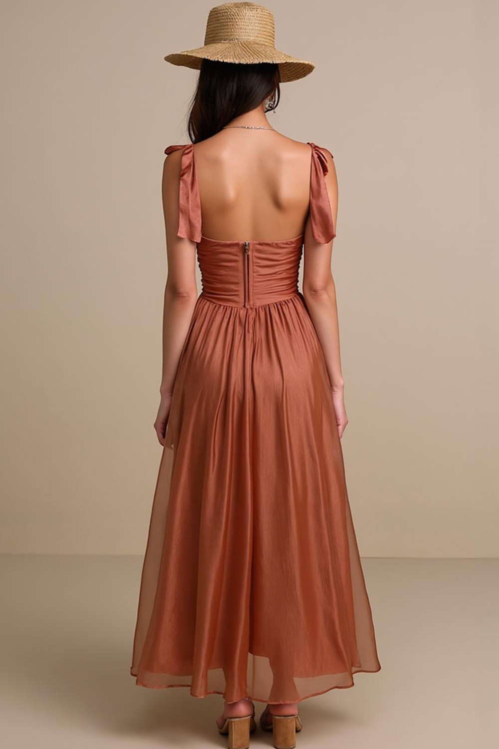 Modecrush Simple Maroon Chiffon Square Neck A‑Line Dress with Pleats