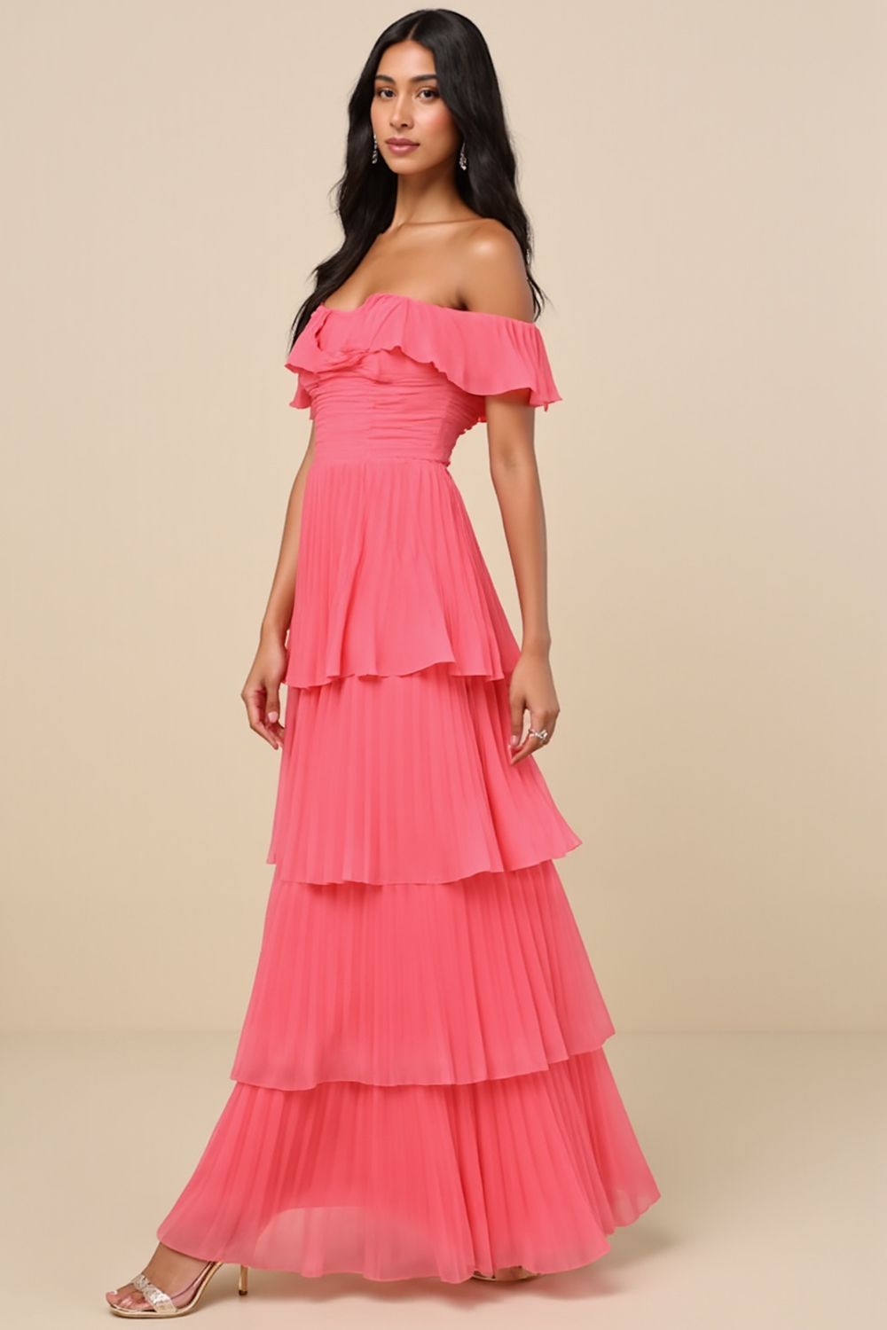 Modecrush Peach Pink Pleated Chiffon Off-Shoulder Long Formal Dress