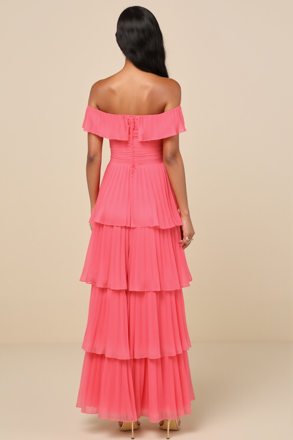 Modecrush Peach Pink Pleated Chiffon Off-Shoulder Long Formal Dress
