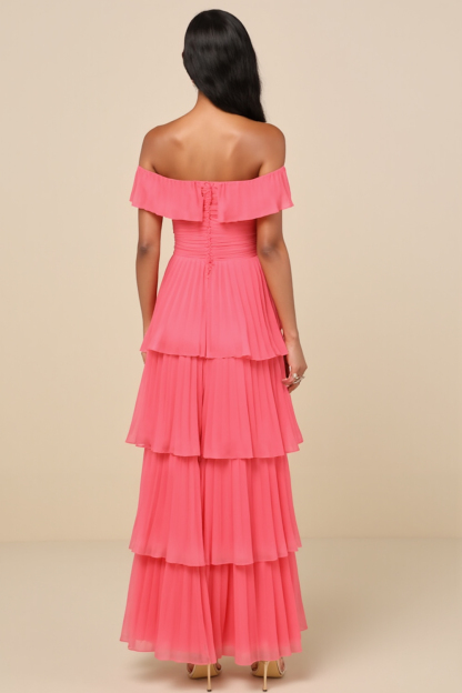 Modecrush Peach Pink Pleated Chiffon Off-Shoulder Long Formal Dress