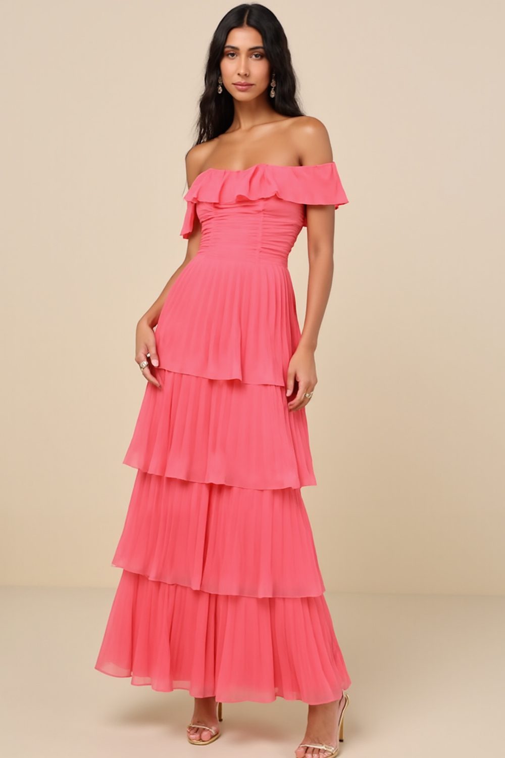 Modecrush Peach Pink Pleated Chiffon Off-Shoulder Long Formal Dress