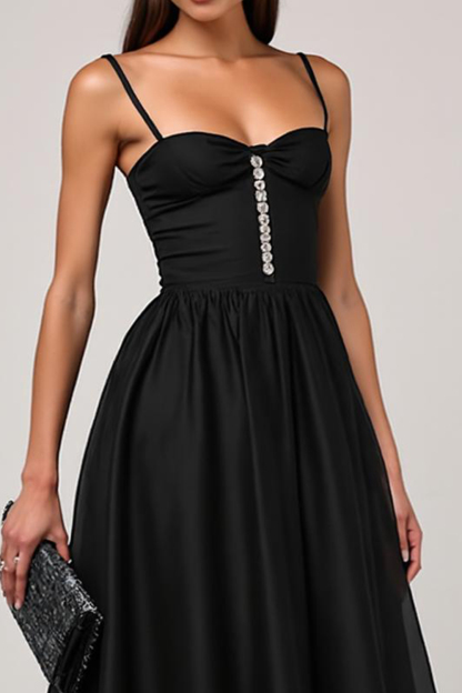Modecrush Black Rhinestone Embellished Satin A-Line Long Formal Dress
