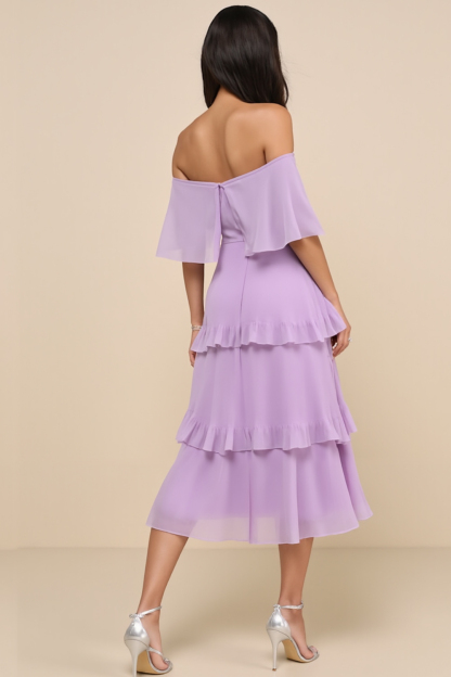 Modecrush Tiered Taro Purple Chiffon Off‑Shoulder A‑Line Dress with Pleats 