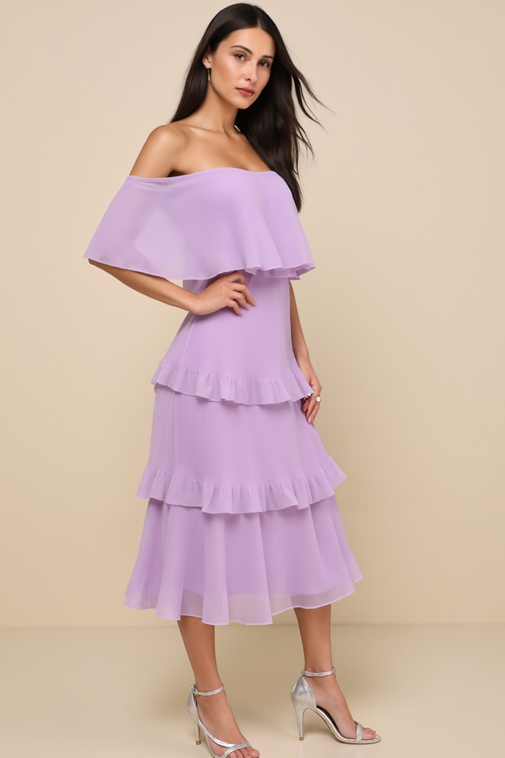 Modecrush Tiered Taro Purple Chiffon Off‑Shoulder A‑Line Dress with Pleats 