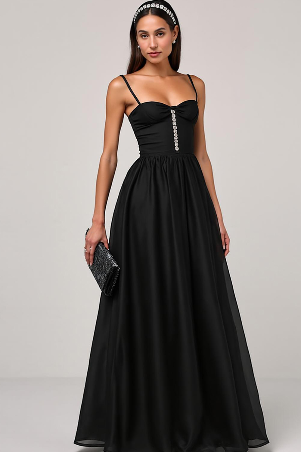 Modecrush Black Rhinestone Embellished Satin A-Line Long Formal Dress
