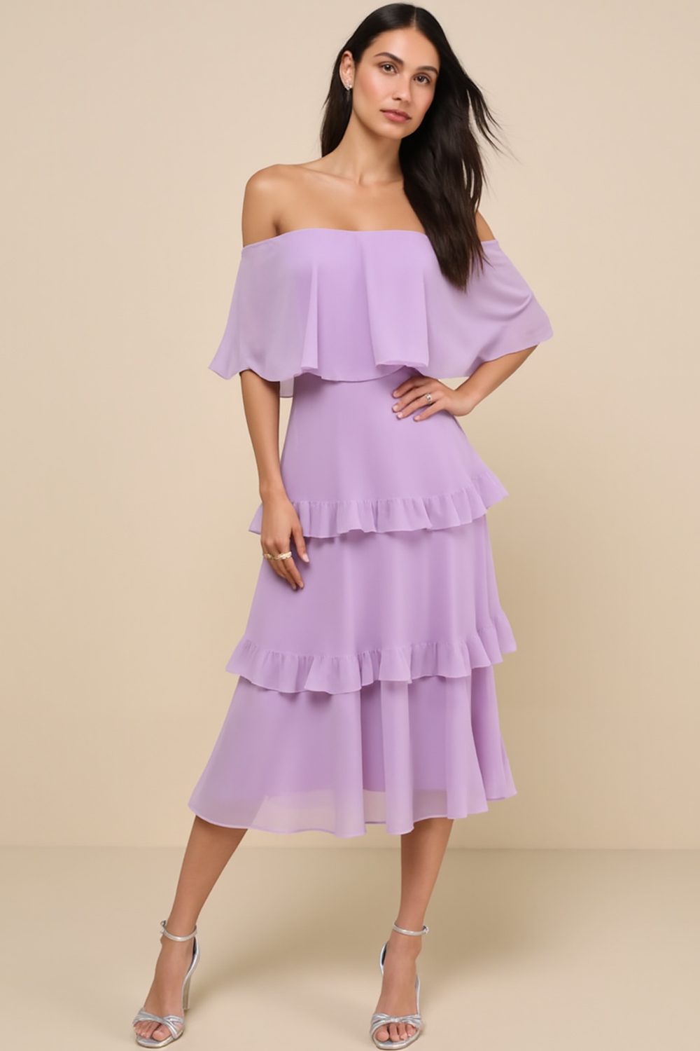 Modecrush Tiered Taro Purple Chiffon Off‑Shoulder A‑Line Dress with Pleats 