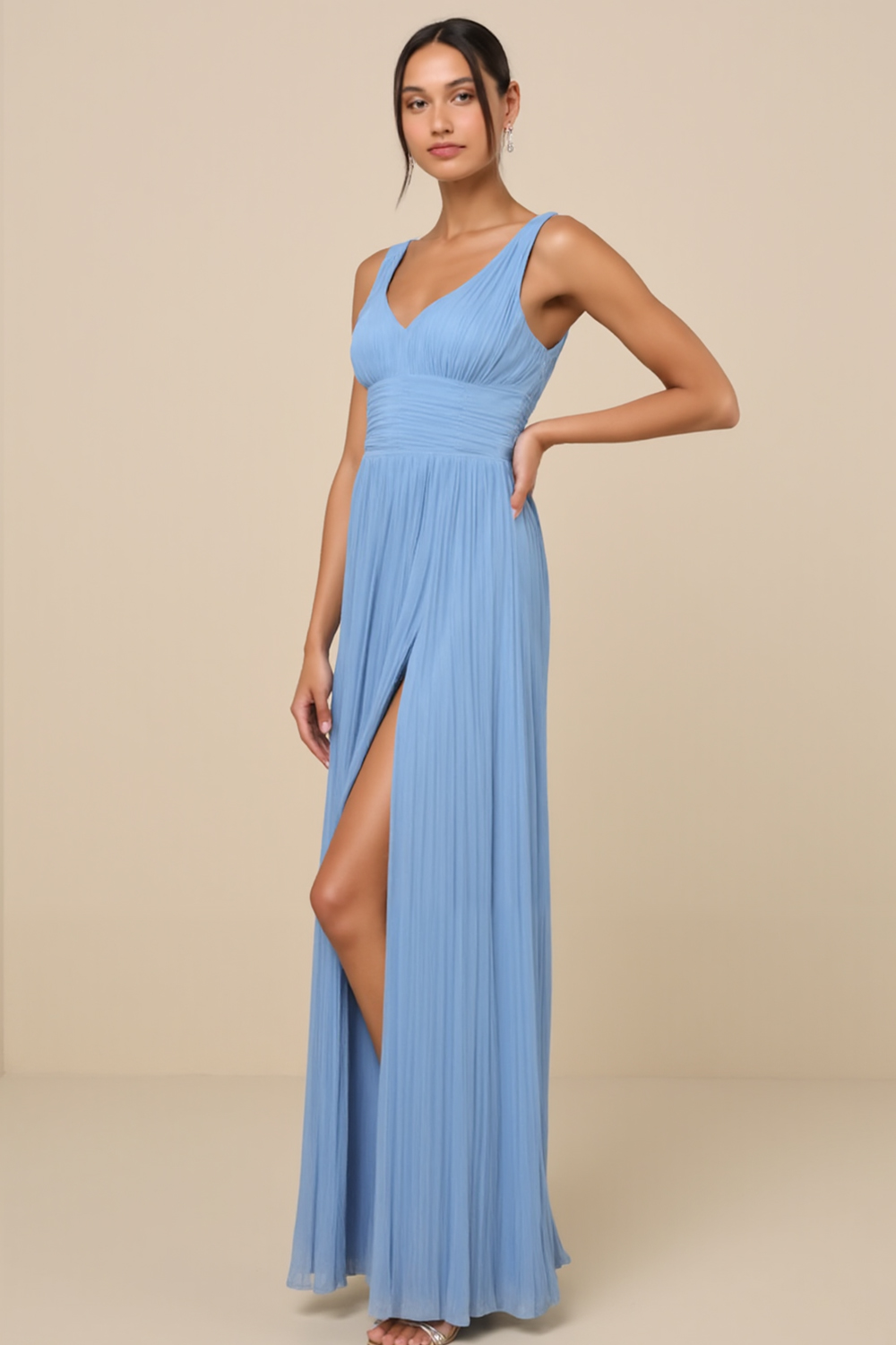 Modecrush Sky Blue Pleated Chiffon V-Neck Long Formal Dress