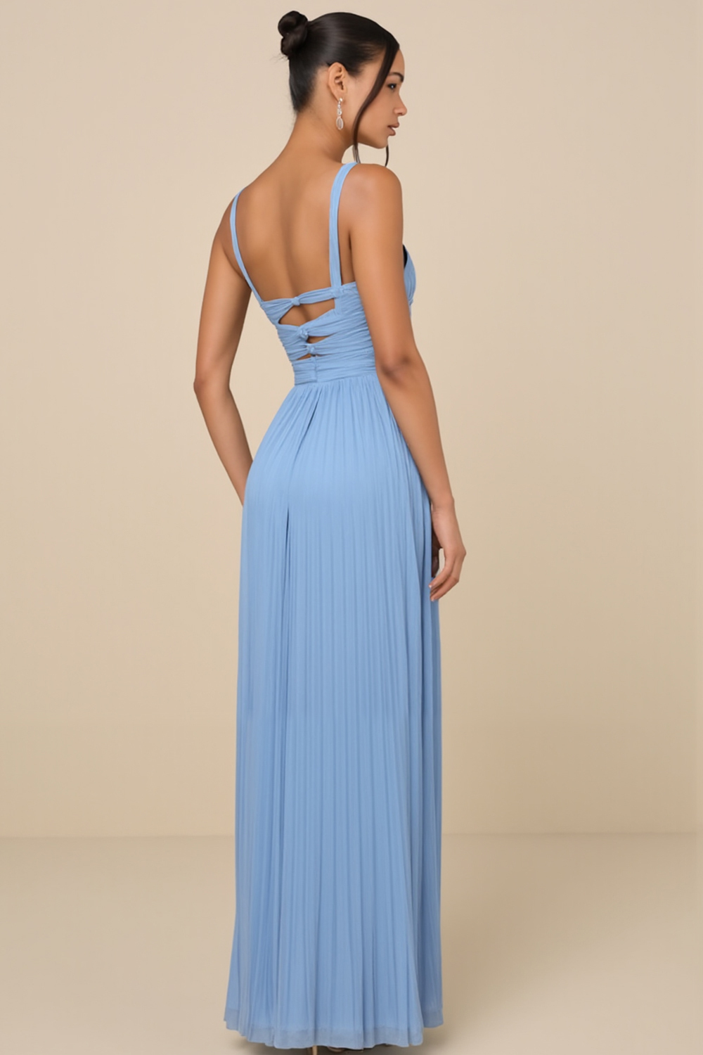 Modecrush Sky Blue Pleated Chiffon V-Neck Long Formal Dress