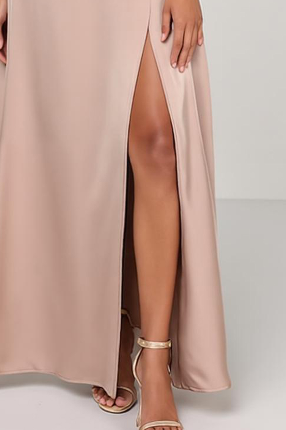 Modecrush Fitted Light Pink Stretch Satin V‑Neck A‑Line Dress with Side Slit 