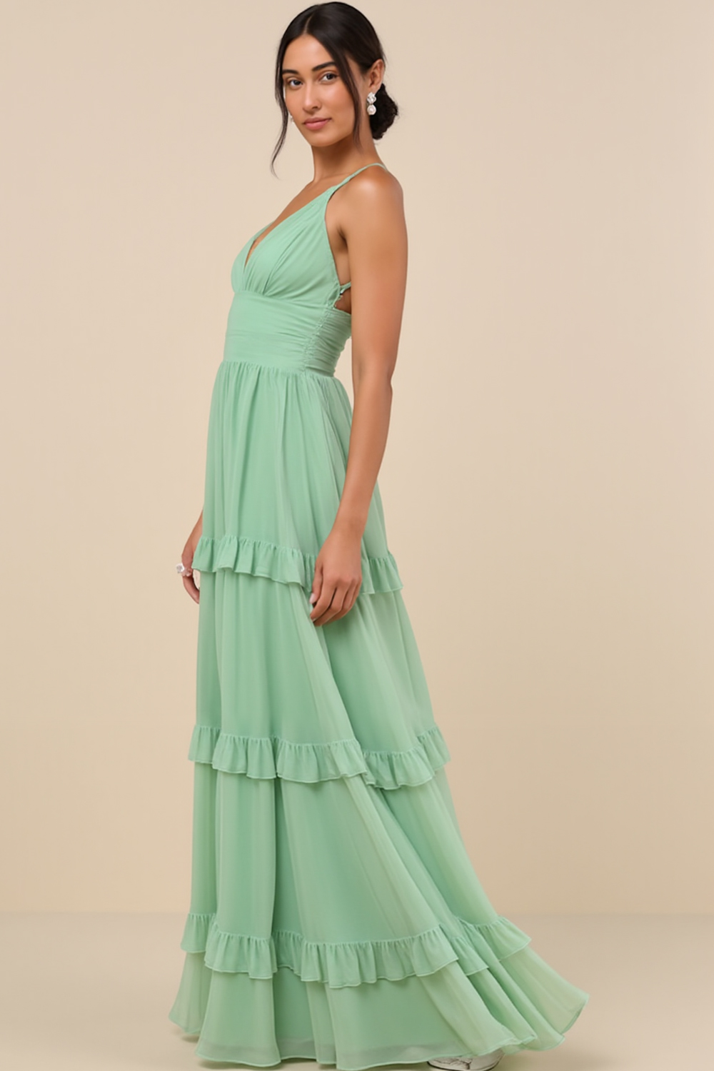 Modecrush Tiered Peppermint Green Chiffon V‑Neck A‑Line Dress with Covered Buttons 