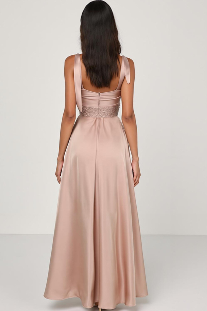 Modecrush Fitted Light Pink Stretch Satin V‑Neck A‑Line Dress with Side Slit 