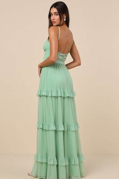 Modecrush Tiered Peppermint Green Chiffon V‑Neck A‑Line Dress with Covered Buttons 