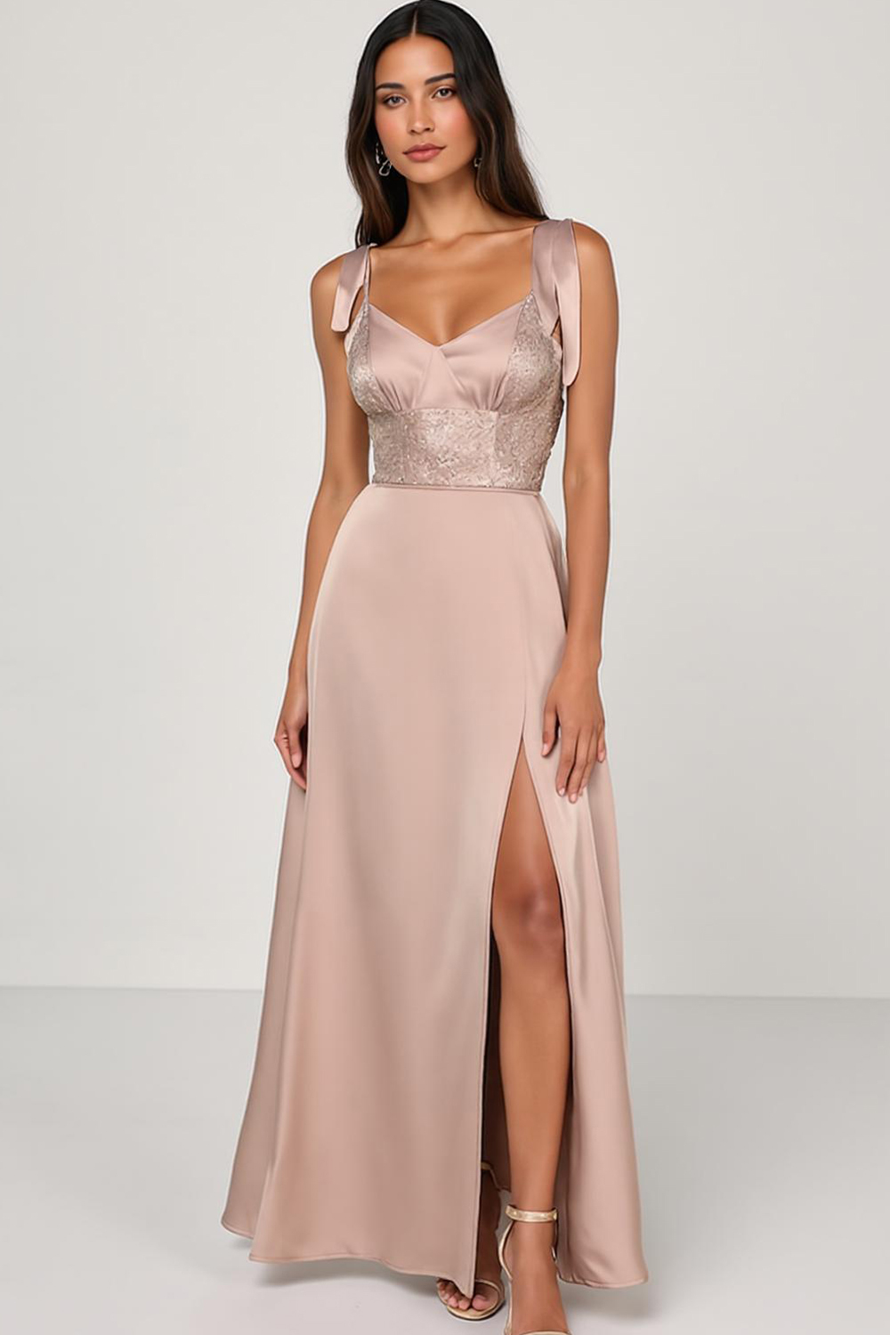 Modecrush Fitted Light Pink Stretch Satin V‑Neck A‑Line Dress with Sid