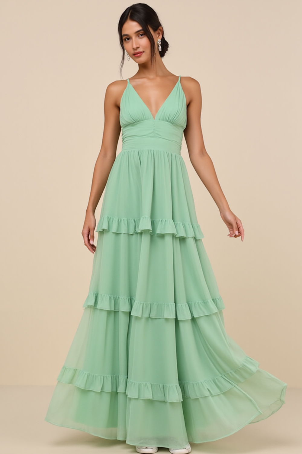Modecrush Tiered Peppermint Green Chiffon V‑Neck A‑Line Dress with Covered Buttons 