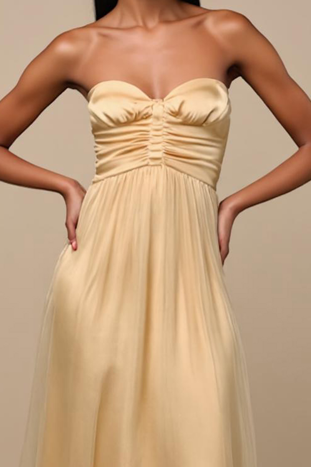 Modecrush Yellow Stretch Satin Strapless A-Line Pleated Long Formal Dress