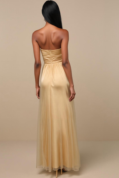 Modecrush Yellow Stretch Satin Strapless A-Line Pleated Long Formal Dress