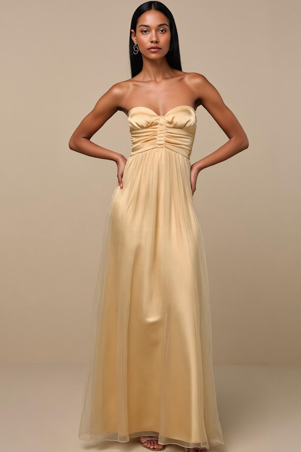Modecrush Yellow Stretch Satin Strapless A-Line Pleated Long Formal Dr