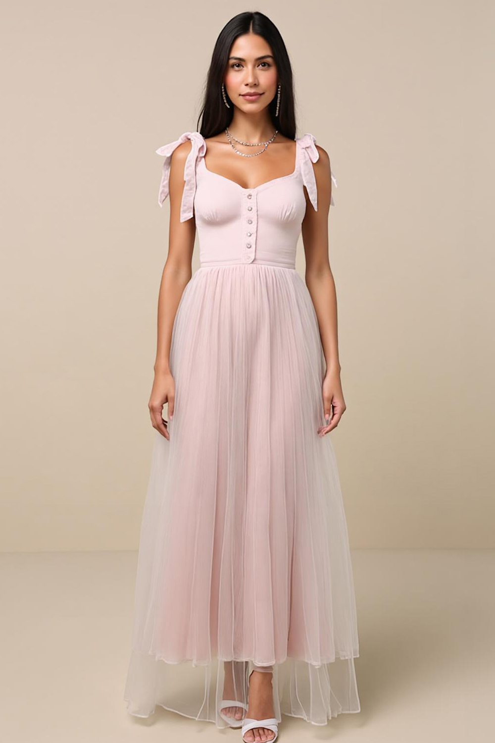 Modecrush Light Pink Pleated Sweetheart Neckline A-Line Long Formal Dr