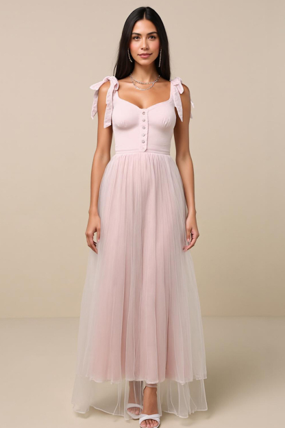 Modecrush Light Pink Pleated Sweetheart Neckline A-Line Long Formal Dr