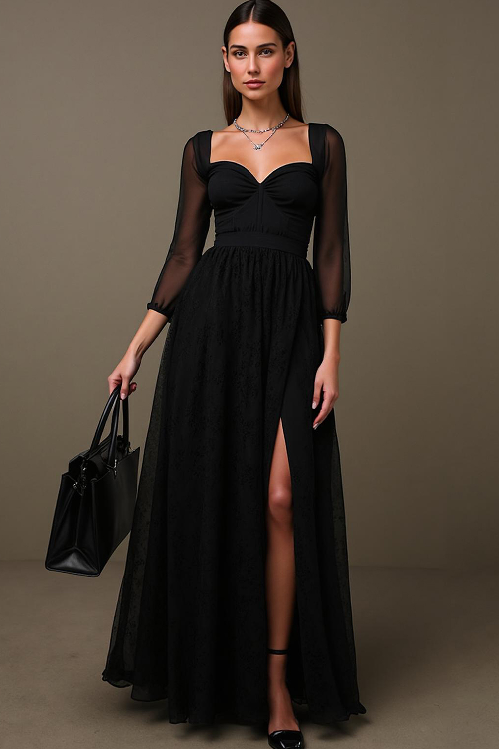 Modecrush Black A-Line Evening Gown - Sweetheart Neckline & Long Sleev