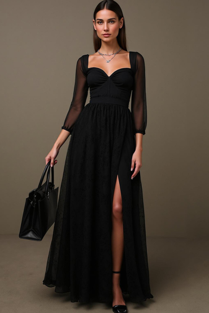 Modecrush Black A-Line Evening Gown - Sweetheart Neckline & Long Sleev