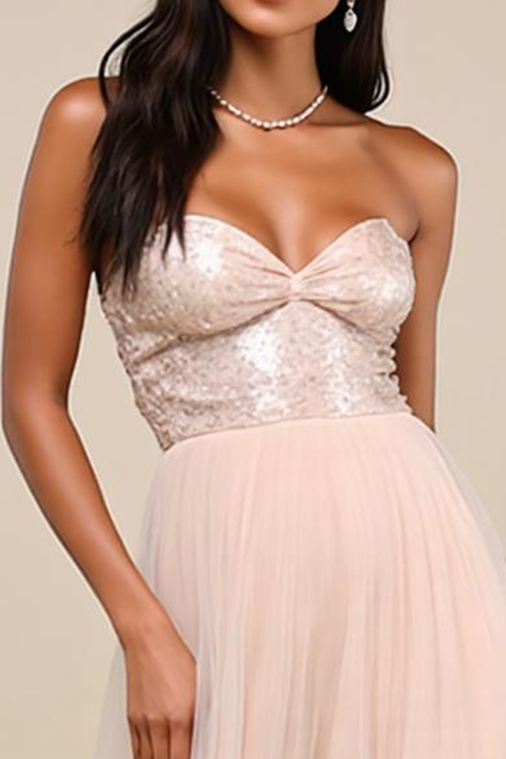 Modecrush Pink Sparkly Sequin A-Line Strapless Long Formal Wedding Guest Dress